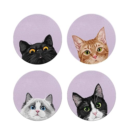 FINCIBO Set of 4 Round Metal Plate Mount for Cell Phone Magnet Holder Compatible with Magnetic Car Mount Replacement Sticker - Cat Faces On Purple (Tuxedo, Ragdoll, Bombay, Tabby Kitten)