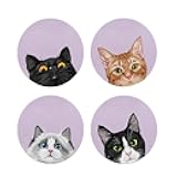 FINCIBO Set of 4 Round Metal Plate Mount for Cell Phone Magnet Holder Compatible with Magnetic Car Mount Replacement Sticker - Cat Faces On Purple (Tuxedo, Ragdoll, Bombay, Tabby Kitten)