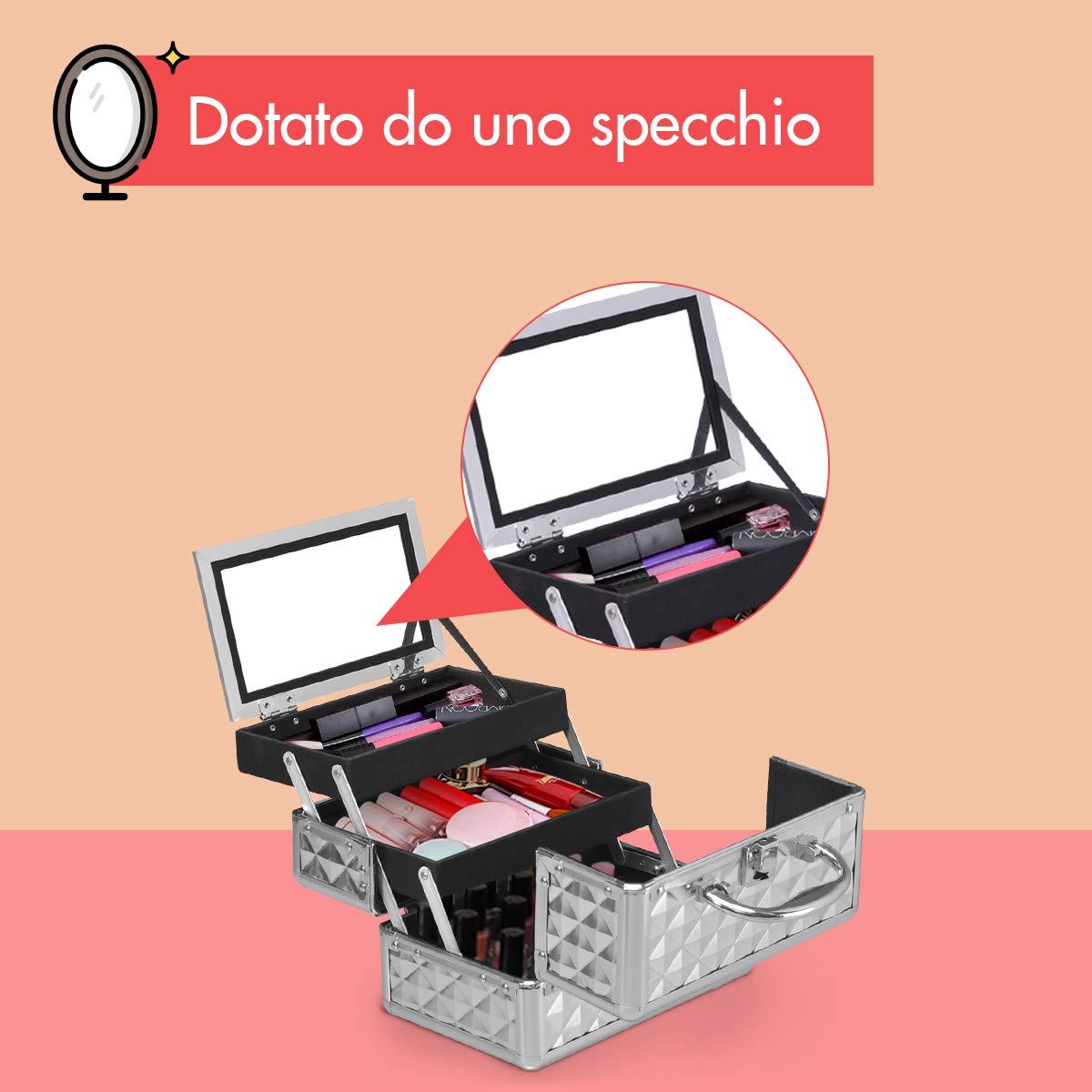 RELAX4LIFE Valigetta Rigida per Trucchi da Viaggio, Mini Valigia Portatile per Cosmetici in ABS e Alluminio, con Specchio, Manico e Chiusura, Design a Tre Strati Pieghevole, 23x15x18cm