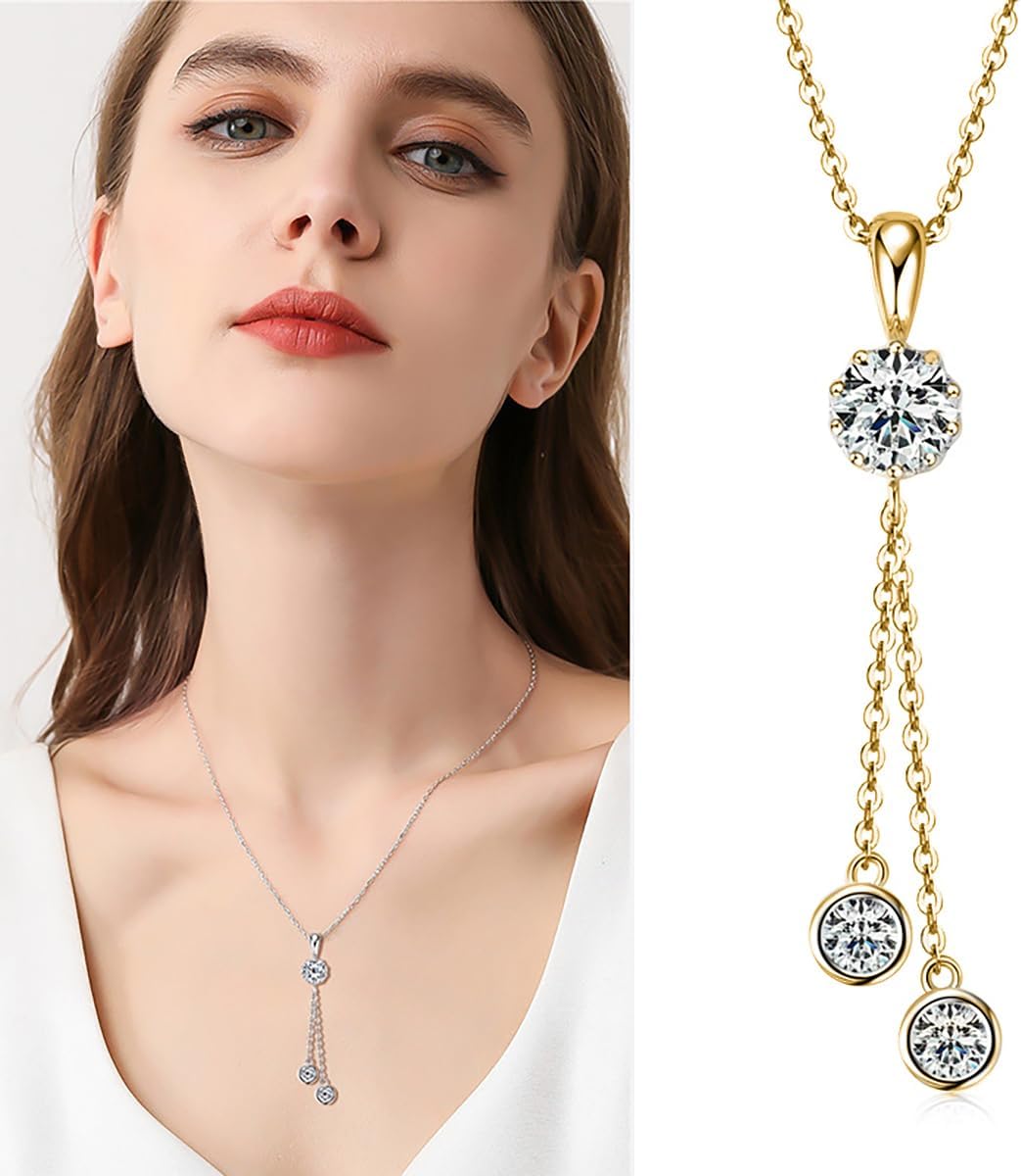 14K Gold S925 Sterling Silver 1ct VVS2 Tassel Diamond Pendant Necklace for Women in Stylish Fringe Design, Ideal Present for Your Girlfriend,Chain Length:17.72+1.97" - Image 3