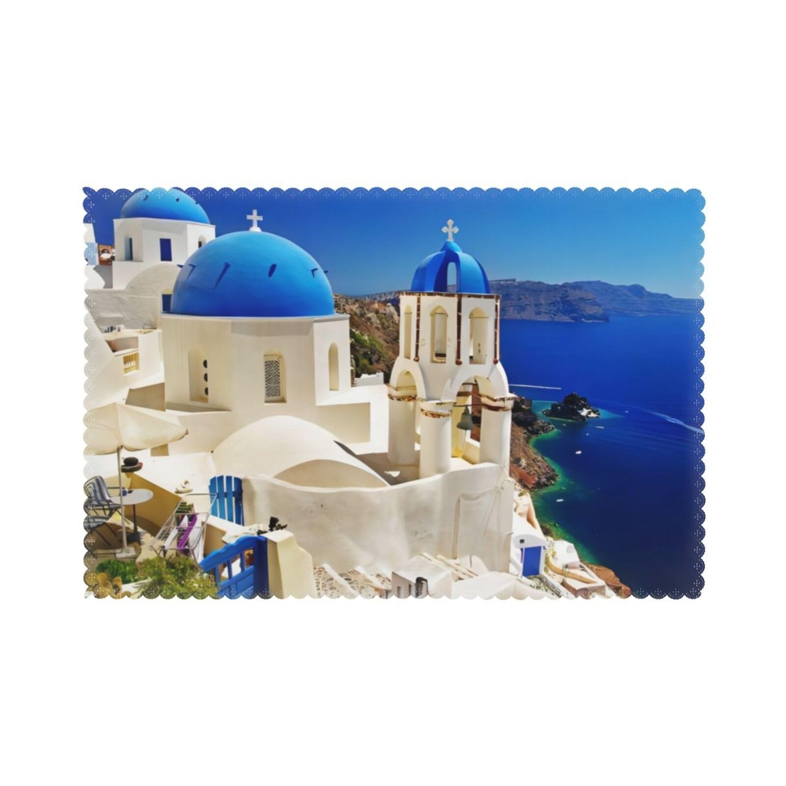WHJSSF Santorini Greek Island Sea View Prints Placemats Set of 6 12x18in - Durable Table Layers with Heat-Resistant & Wrinkle-Free Polyester