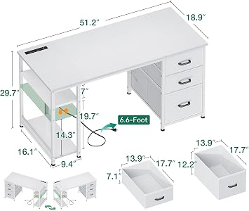 AODK 51 Inch Computer Desk with Drawers & USB Power Outlets - Reversible Home Office Desk with Storage Shelves, Work from Home, Modern Work/Writing/Study Table for Bedroom, White