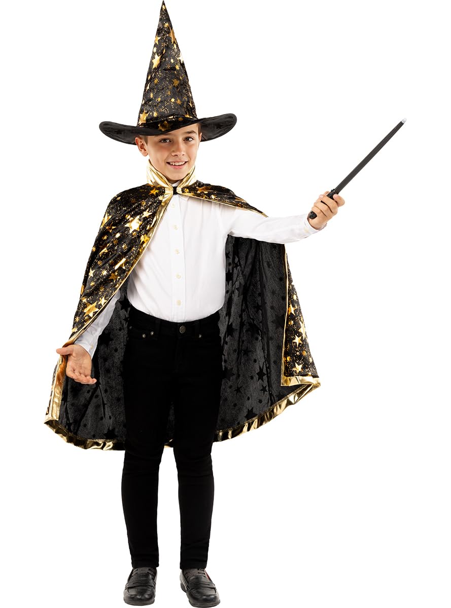 Funidelia | Wizard costume with stars for boy Witch, Wizards, Halloween, Horror - Costume for kids accessory fancy dress & props for Halloween, carnival & parties - Size 10-12 years - Black