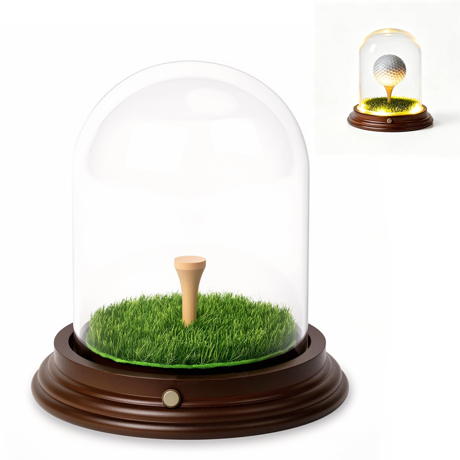 Vitrina para pelotas de golf con iluminación LED, soporte de recuerdo de cristal transparente con base de madera, soporte para pelotas de golf para recuerdos y coleccionables (para 1 pelota