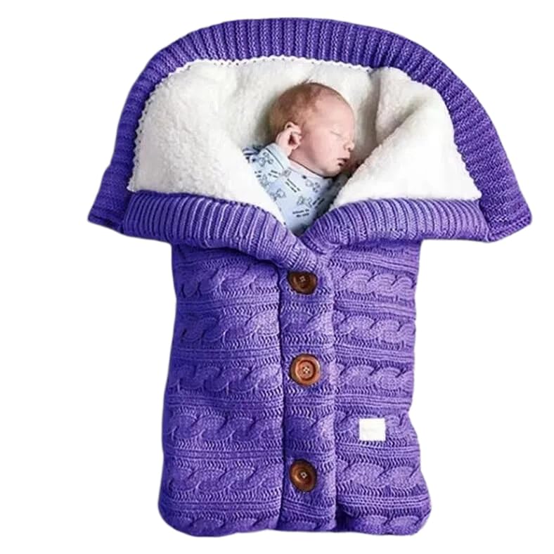 baby fleece knitted pram blanket set with pillow, soft cuddle blanket for newborn girls and boys, pink baby accessories for 0-12 months, 68 x 40 cm (Purple)