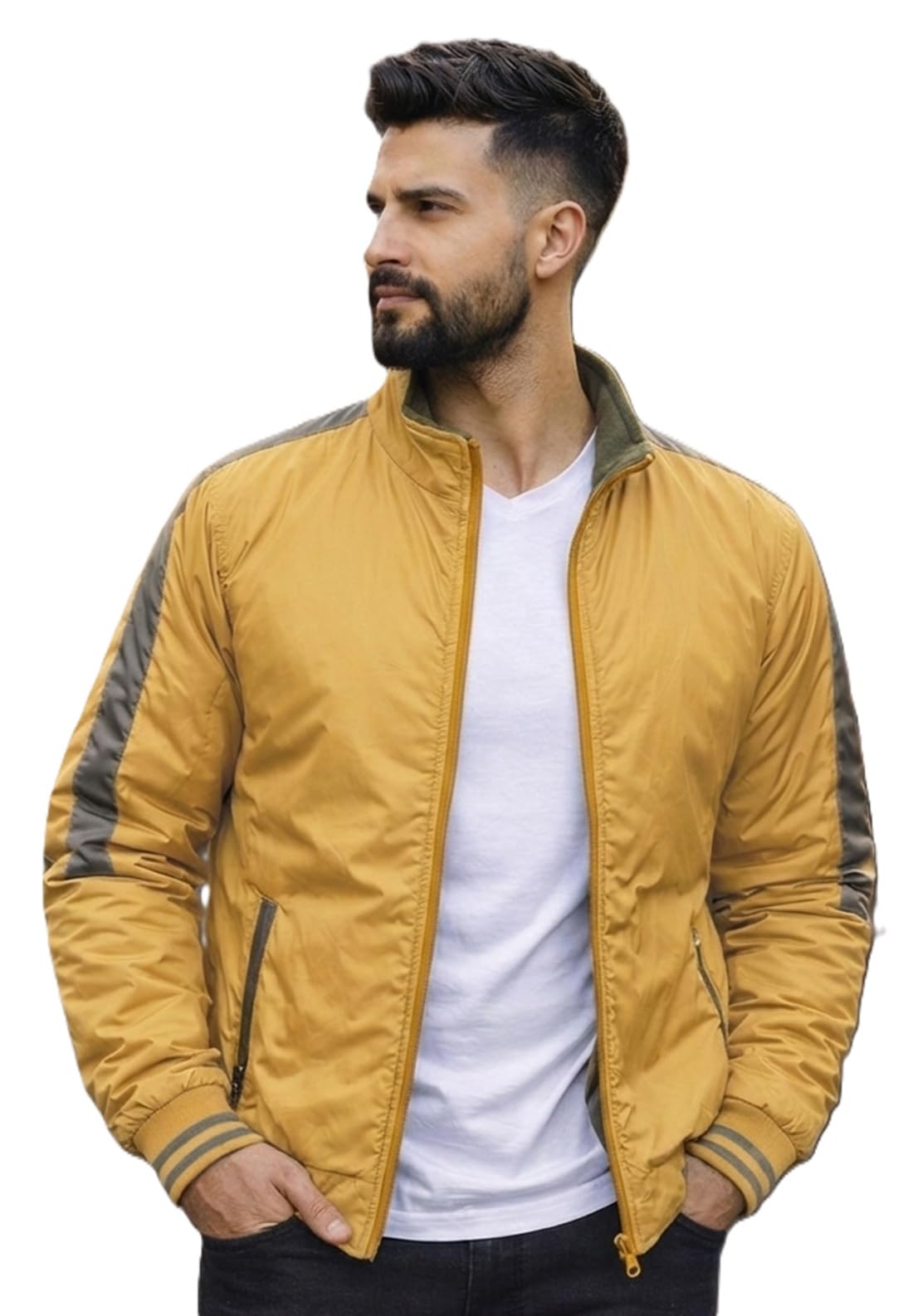 Men’s Stylish Reversible Bomber Jacket || Mustard & Olive Jacket For Men || Lightweight Nylon Winter Jacket with Ribbed Cuffs || Casual & Smart Winter Wear || Double Sided Winter Jackets.