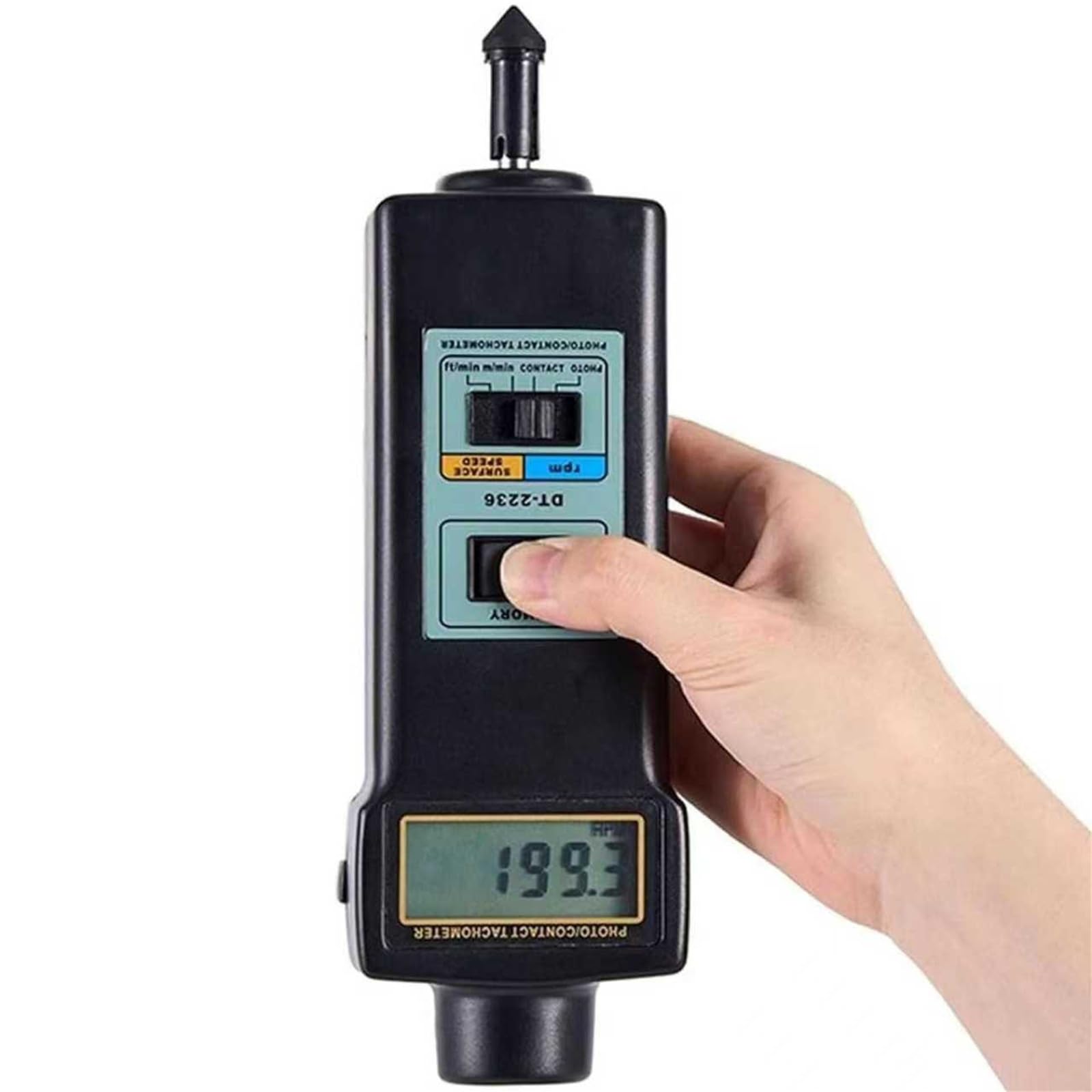 Obrotomierz cyfrowy, miernik obrotów z wyświetlaczem LCD, mierzy 2,5-99 999 obr./min i prędkość liniową, zawiera 4 sondy, idealny do silników i zastosowań przemysłowych