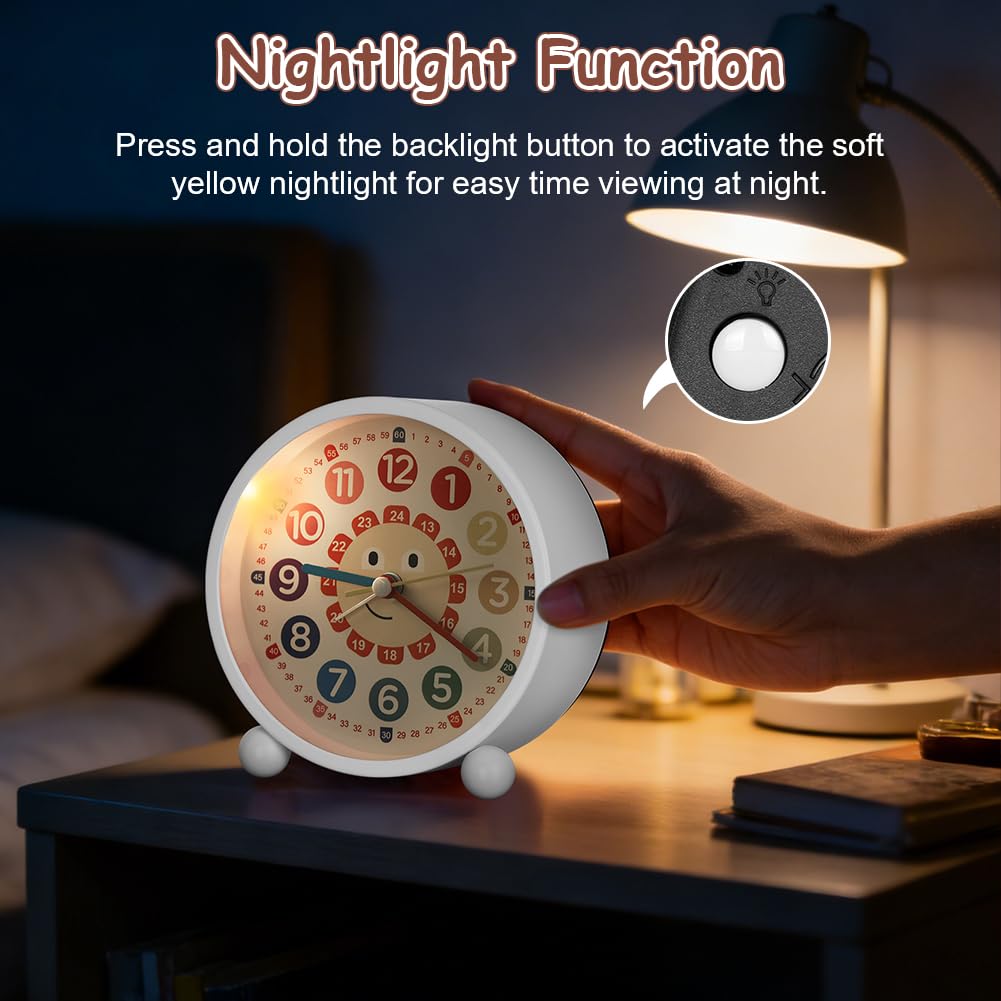Réveil Enfant Silencieux sans Tic-Tac Analogique Horloge de Table avec Lumière de Nuit Piles Blanc