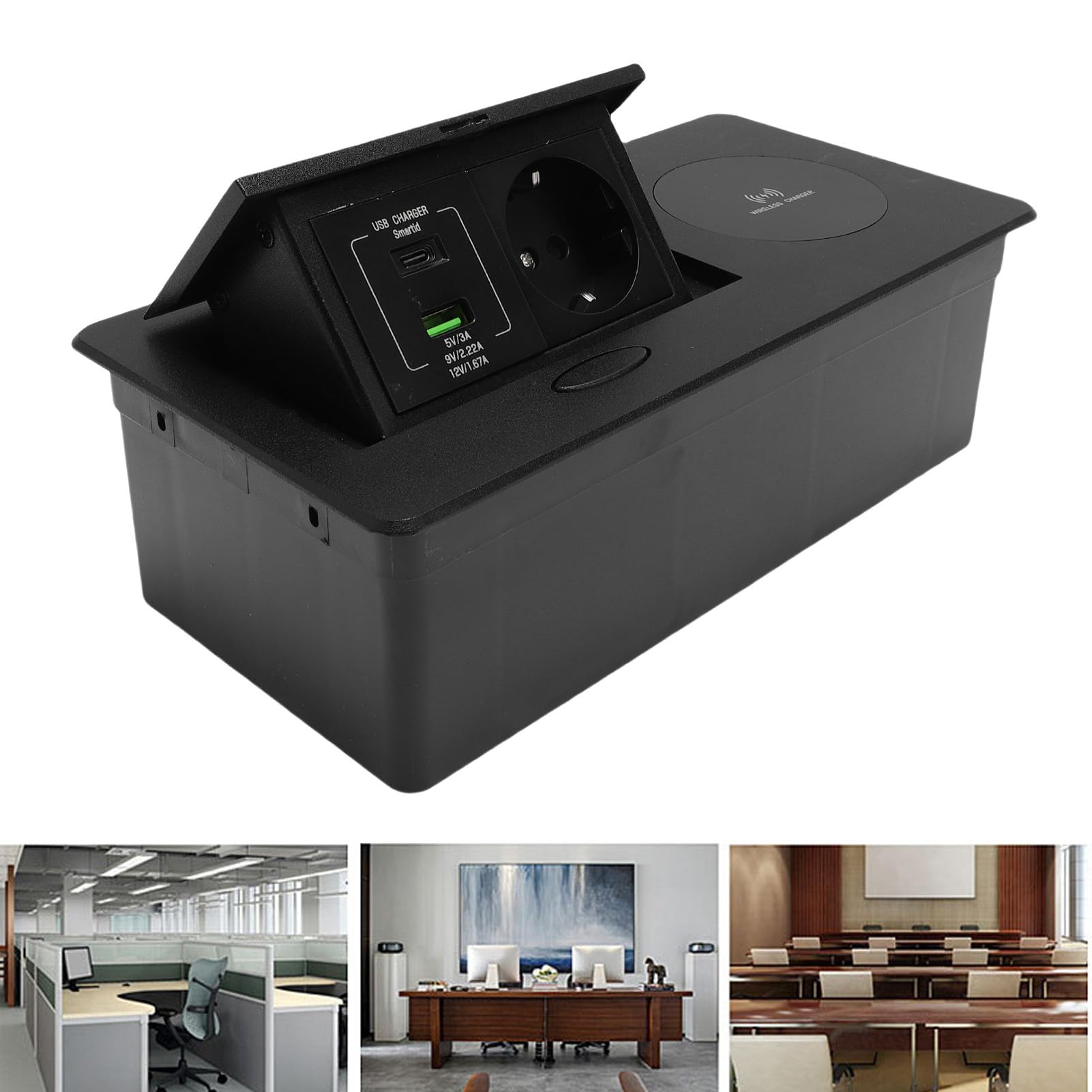 Fafeicy Wysuwane Gniazdko Elektryczne z bezprzewodową ładowarką 16A 4000W Gniazdo 20W USB AC Porty Wpuszczane w Biurko Gniazdo Wyskakujące do Domowego Biura Handlowe Czarny