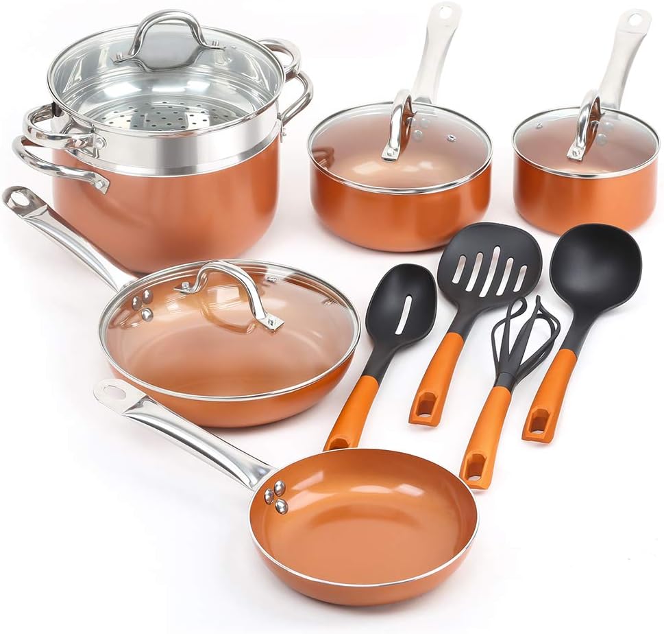 SHINEURI 14 Pieces Nonstick Ceramic Copper Cookware Set - 8/9.5 inch Fry Pans and Kitchen Cooking Utensils, Sauce pan and Stainless Steel Steamer & Glass lid for Induction, Gas, Electric & Stovetops