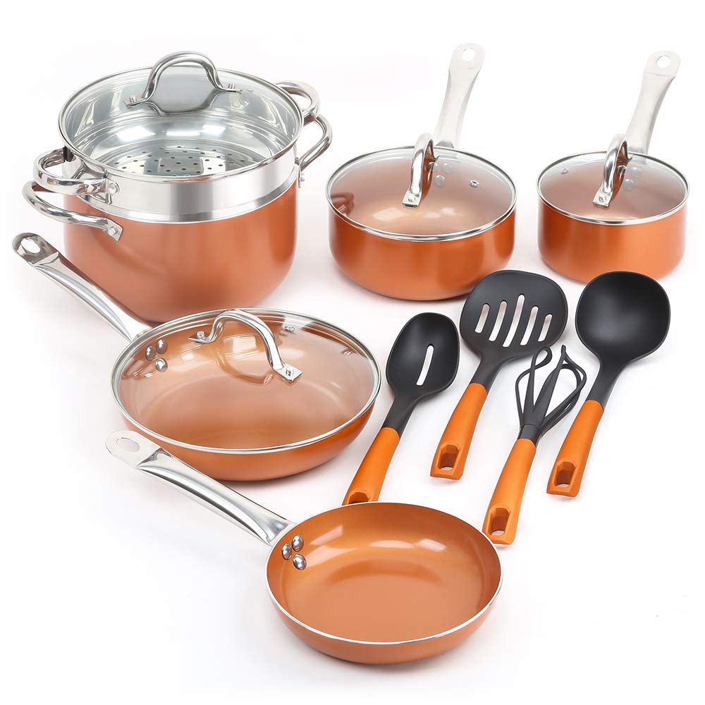 SHINEURI 14 Pieces Nonstick Ceramic Copper Cookware Set - 8/9.5 inch Fry Pans and Kitchen Cooking Utensils, Sauce pan and Stainless Steel Steamer & Glass lid for Induction, Gas, Electric & Stovetops
