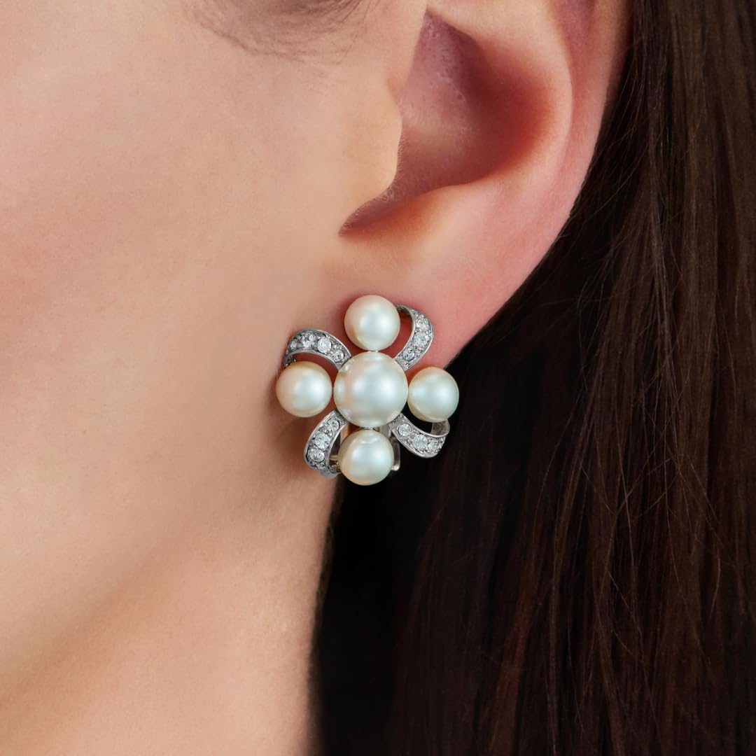 Traveller Ohrclips - Damen - Silberfarben - Perle - Ø 8 & 6mm - Weiß - Kristalle - Platiniert - 20x20mm - 114360