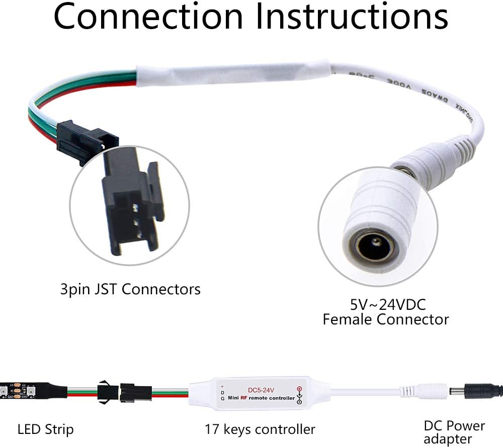ALITOVE WS2812B WS2811 Addressable LED Controller RF Remote Wireless Mini Controller 5~24V DC for WS2812 WS2811 Dream Color Rainbow RGB LED Pixel Strip Panel Light, 3pin JST Connector 200 Color Modes - Image 2
