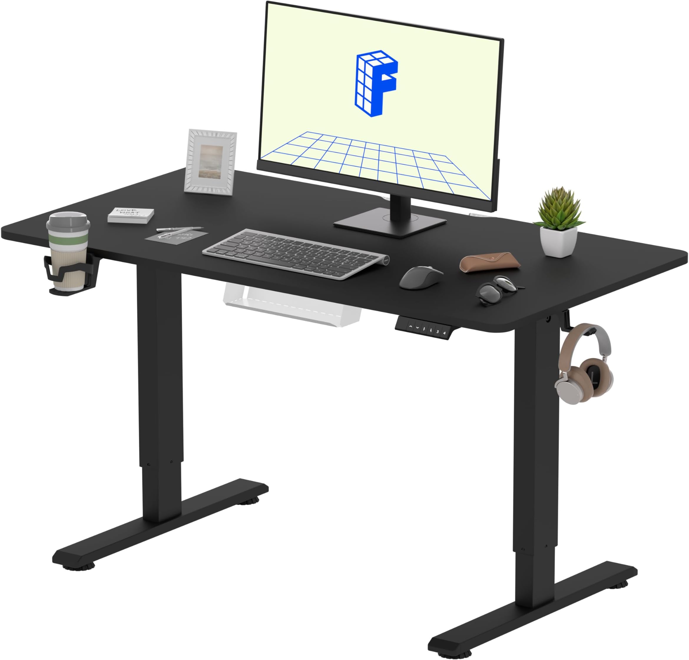 FLEXISPOT ONE PIECE Electric Standing Desk, Height Adjustable Ergonomic Stand up with Cable Management TrayM, Backpack Hook, Cup Holder and 4 Memory Preset, 110x54cm Black
