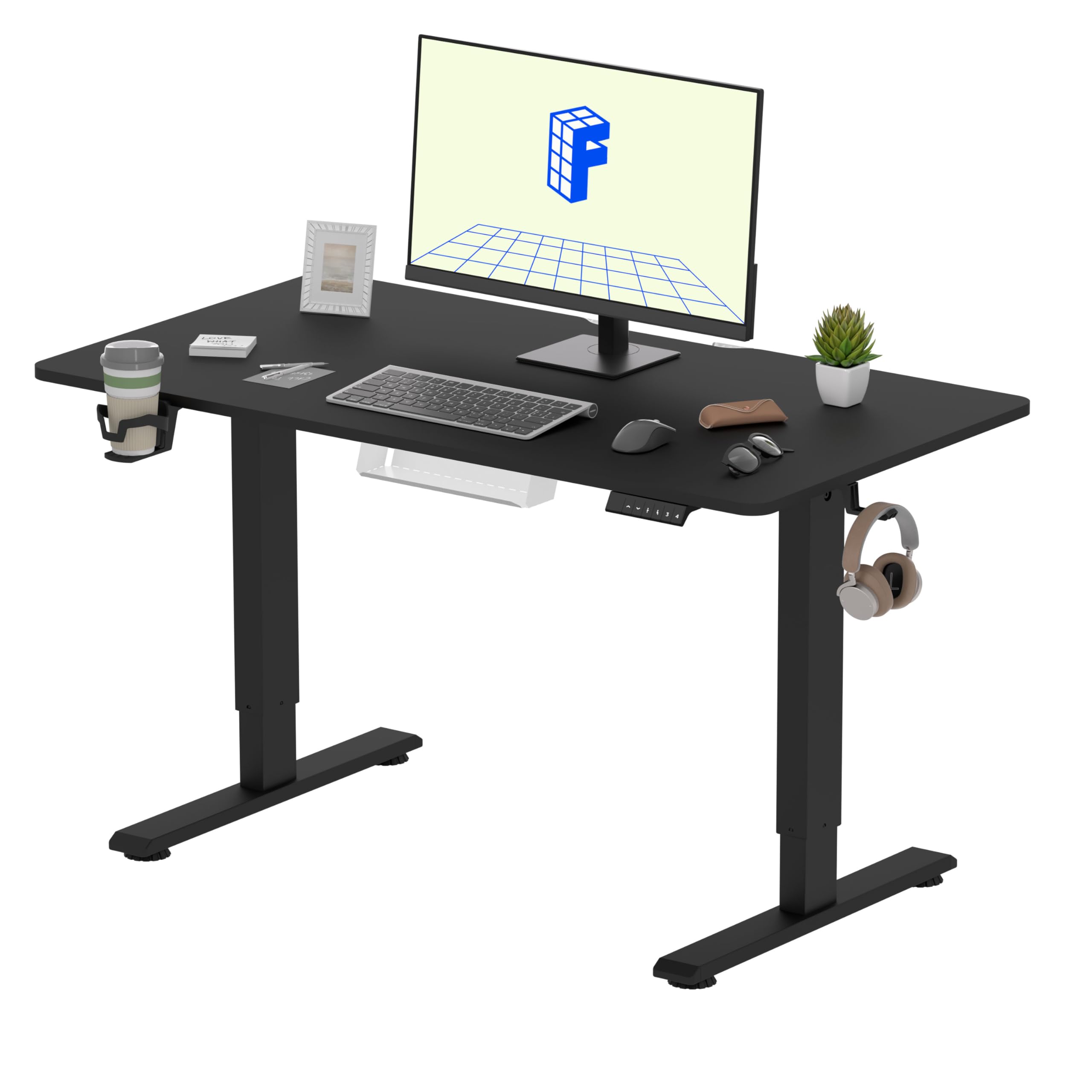 FLEXISPOT ONE PIECE Electric Standing Desk, Height Adjustable Ergonomic Stand up with Cable Management TrayM, Backpack Hook, Cup Holder and 4 Memory Preset, 110x54cm Black — image 1