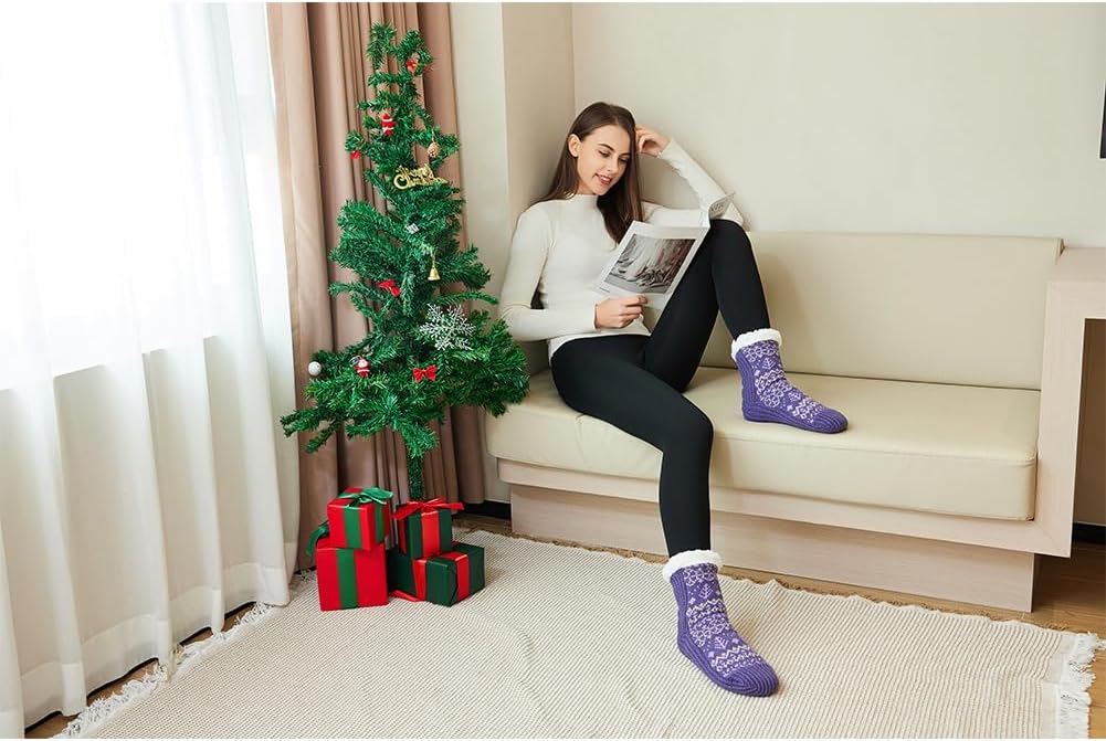 LEMZONE Women's Winter Slipper Socks with Grippers, Warm Cozy Fuzzy Fleece-lined Cabin Socks Christmas Gifts - Image 2