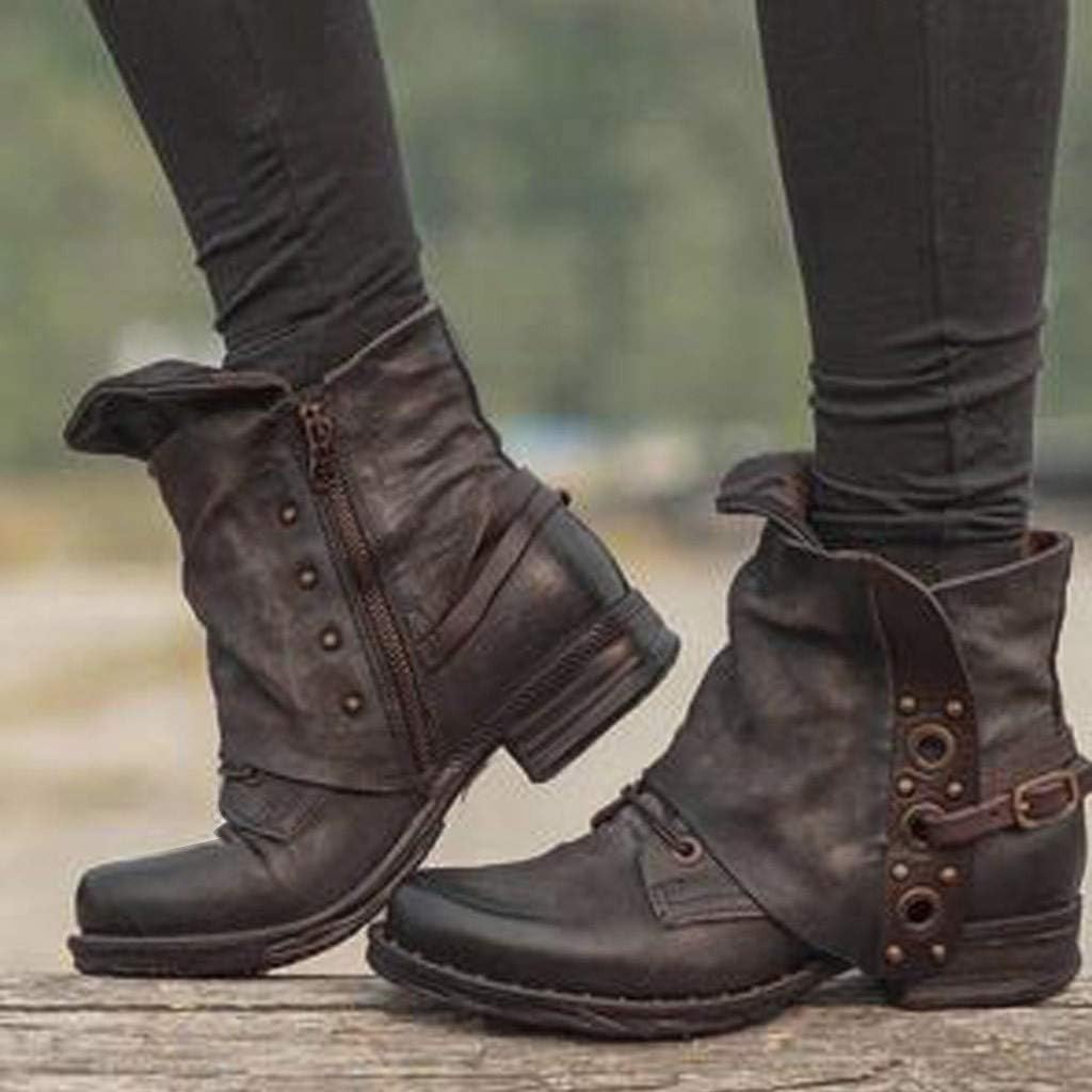 ZBYY Women's Buckle Ankle Boots,Winter PU Leather Combat Ankle Boots Toe Side Zipper Buckle Block Low Heel Casual Shoes