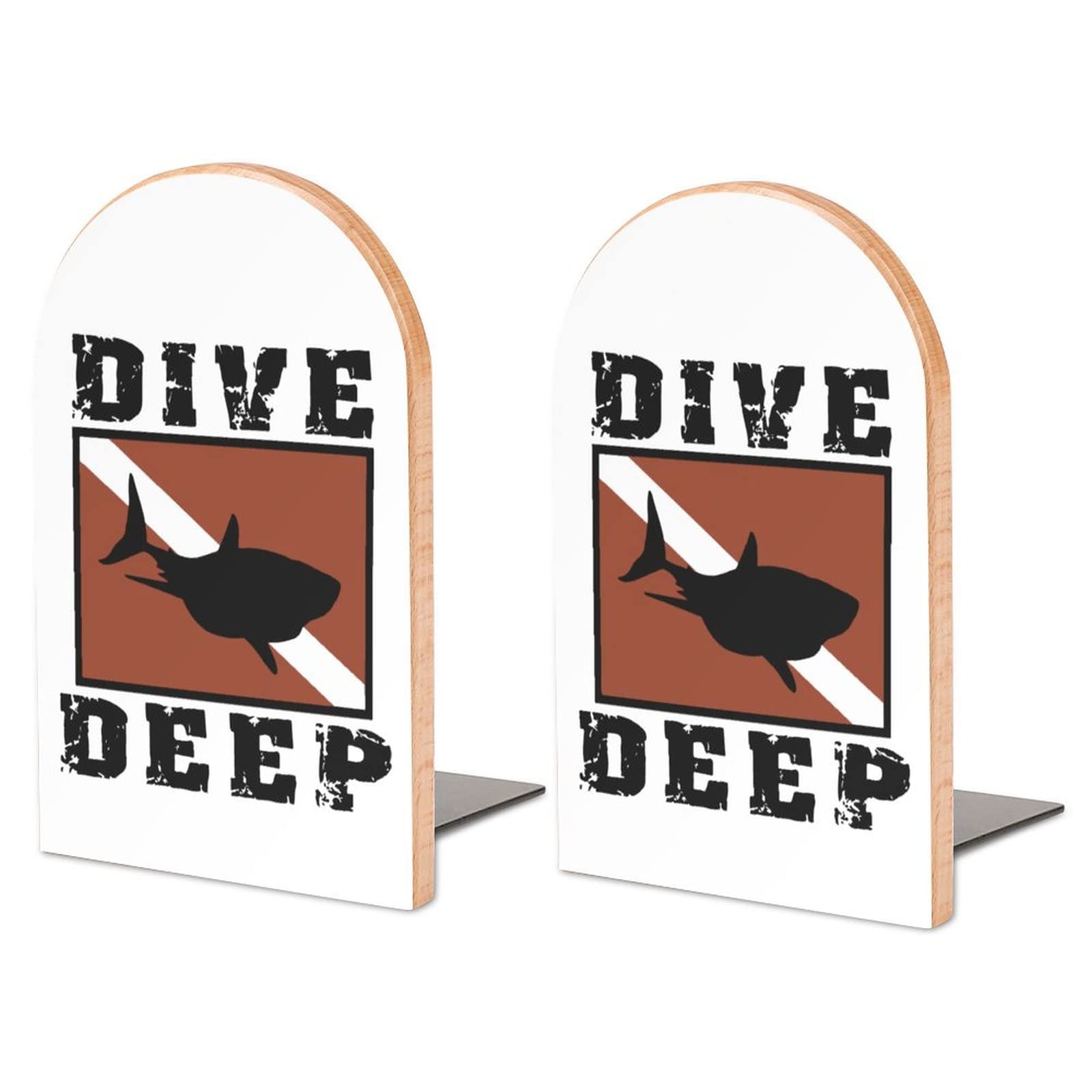 Shark Scuba Flag Dive Deep Bookends Heavy Duty Book Stand 1 Pair for Home Office Shelves Decorative
