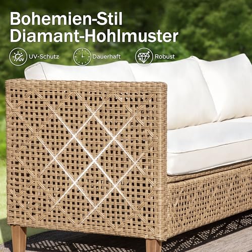 PHI VILLA Gartenmöbel Set Balkonmöbel 3 Teilig, Rattan Lounge Möbel Outdoor mit 1 Chaiselongue, 1 Zweisitzer-Sofa und 1 Kleiner Couchtisch, 4 Personen Terassenmöbel Außen Gartensofa