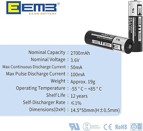 Miniatura 2 de EEMB Paquete de 50 baterías de litio ER14505 3.6V AA de 2700 mAh Li-SOCL2 batería no recargable SB-AA11 LS14500 TL-5903 SL-360 14500 ER14500 para