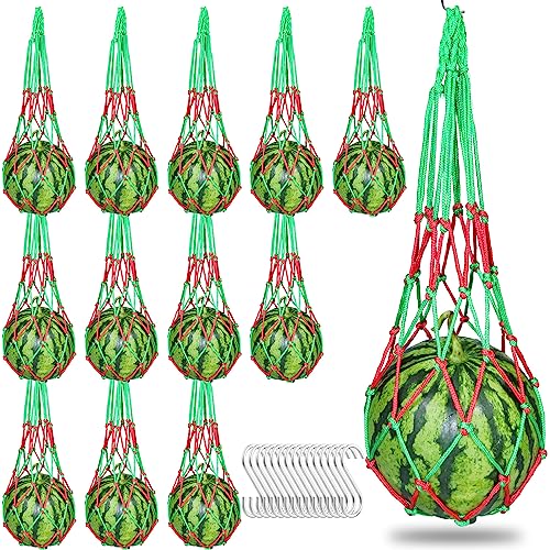 12 Pack Melon Hammocks Cradles with S Hanging Hooks, Heavy Duty Watermelon Nets Melon Hammock for Trellis Pumpkin Hanging Bags for Growing Cantaloupe Pumpkin in Vertical Garden (Red and Green, 12)