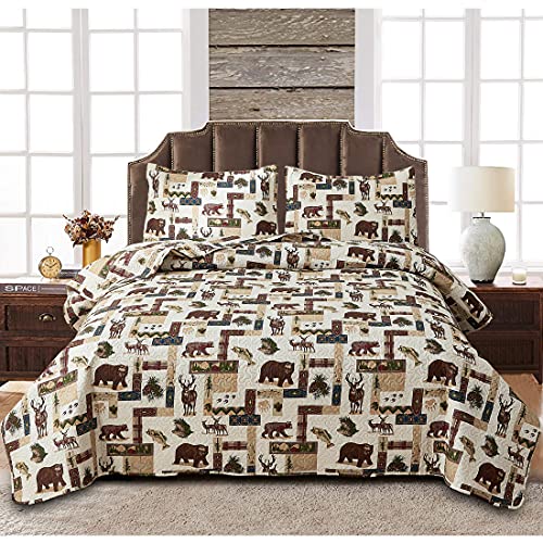 Oliven Rustic Moose Quilt Set Full/Queen Size Lodge Quilt Lightweight Summer Cabin Bedspread Country Bedding Forest Bear Fish Pine Coverlet Daybed Cover Blanket Woodland Home Decor-Brown White