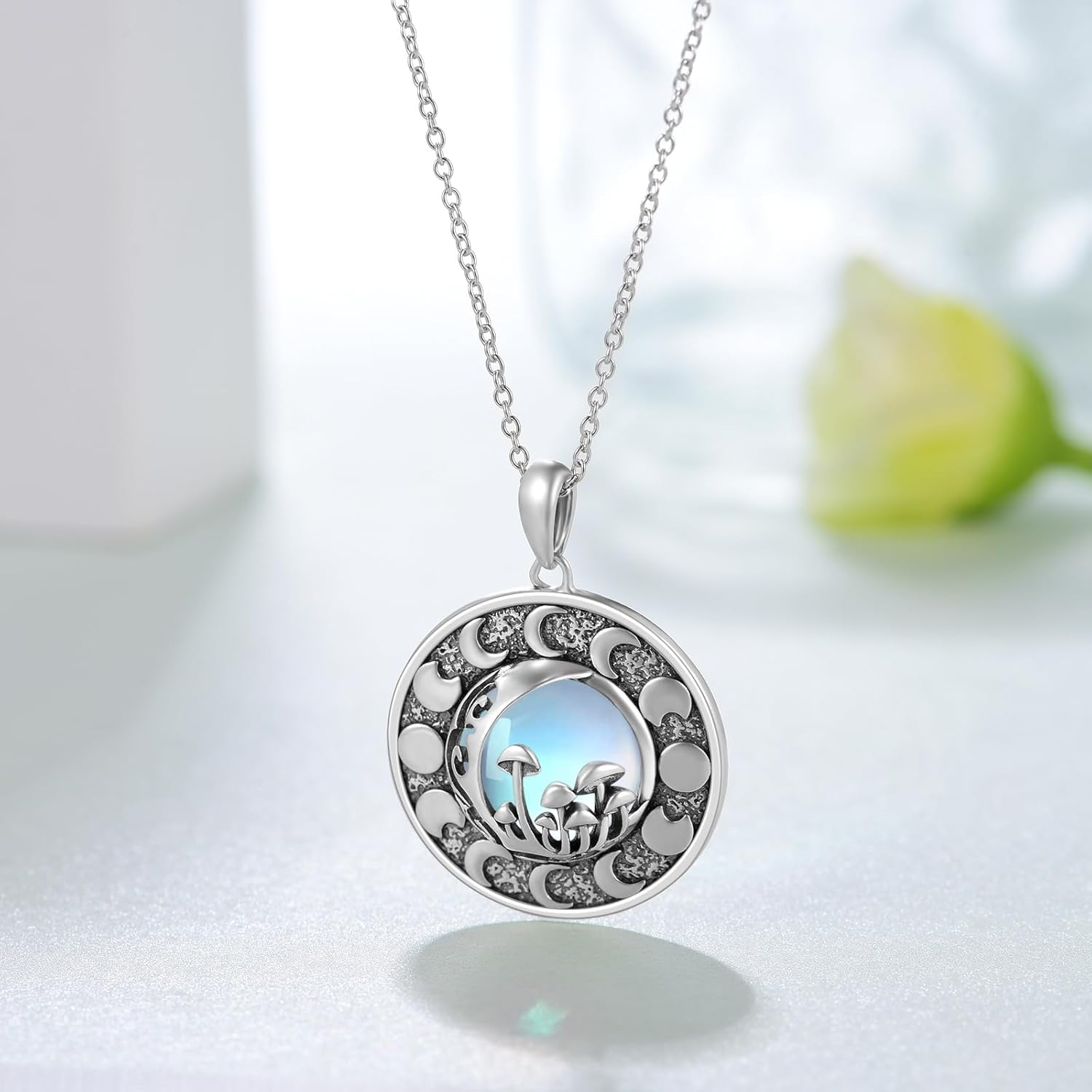 Mushroom Necklace Sterling Silver Mushroom Moonstone/Moss Agate Pendant Necklace Moon Phase Jewelry Gift for Women - Image 5