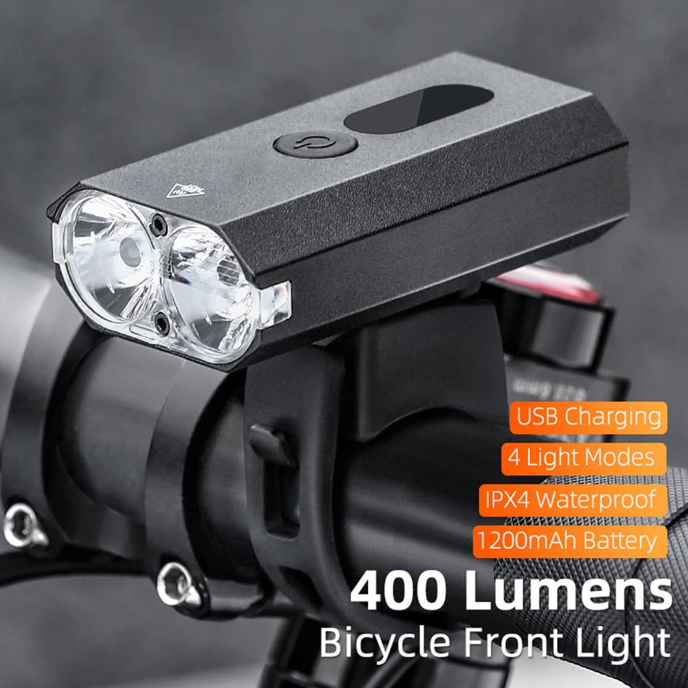 Faro Anteriore per Bicicletta in Alluminio Ricaricabile Tramite USB, indicatore di Batteria, Torcia con Doppio LED T6 e Supporto Regolabile a 360°.