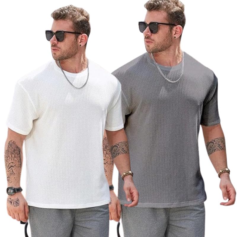 Image of Men Solid Waffle Round Neck Oversized /Dropshoulder |Baggy| Summer T Shirt for Ment Shirt