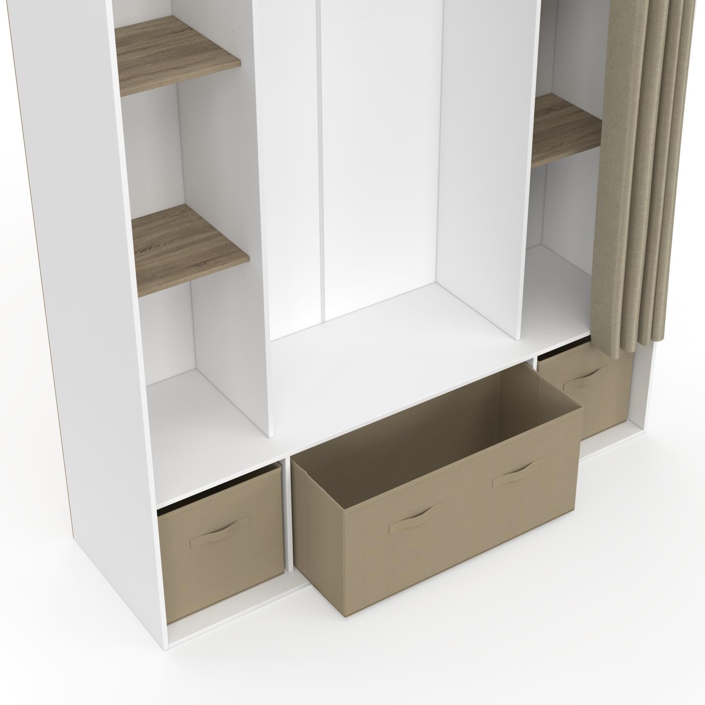 IDMarket - Dressing double penderie DIANE 140 x 45 x 167 cm blanc avec étagères + boites de rangement + rideau taupe