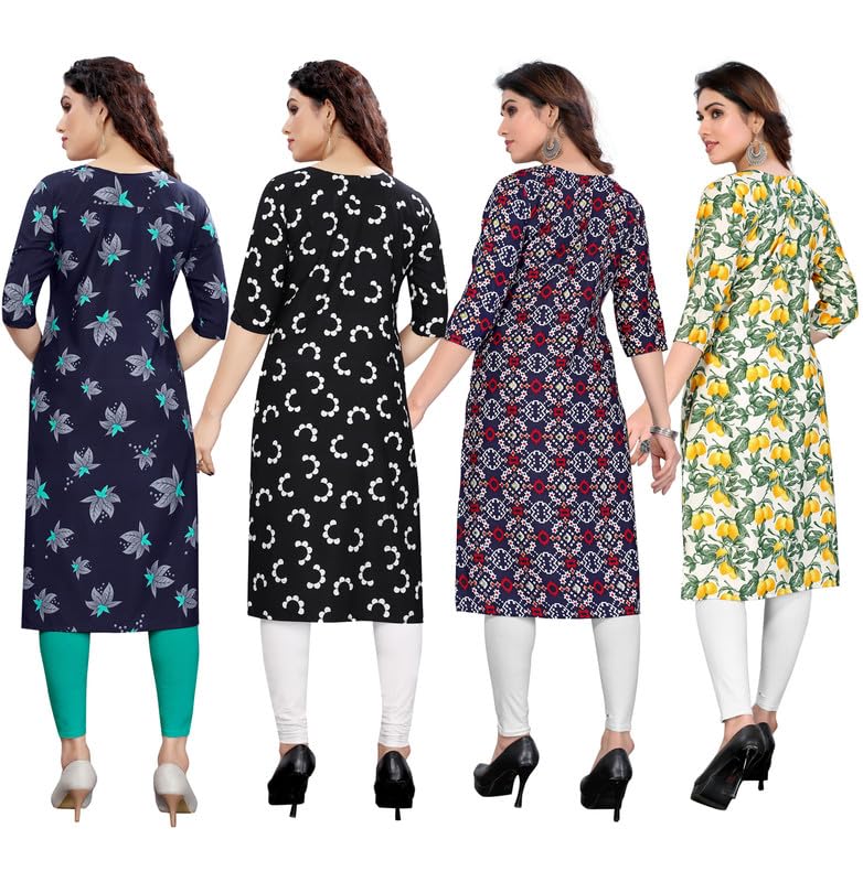 Image of JAKHANA Women's Crepe Printed Casual Straight Calf Length Round Nick Kurta Pack of 4