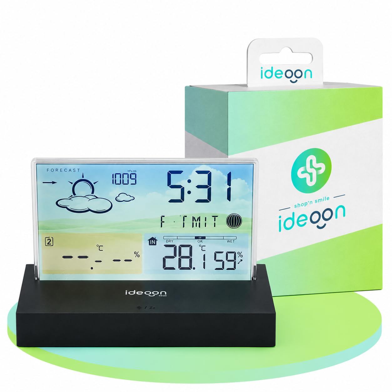 ideoon Moderne Funk-Wetterstation farbig: Rahmenloses LCD-Display für präzise Wetterprognose & Hygrometer – Mit Aussensensor