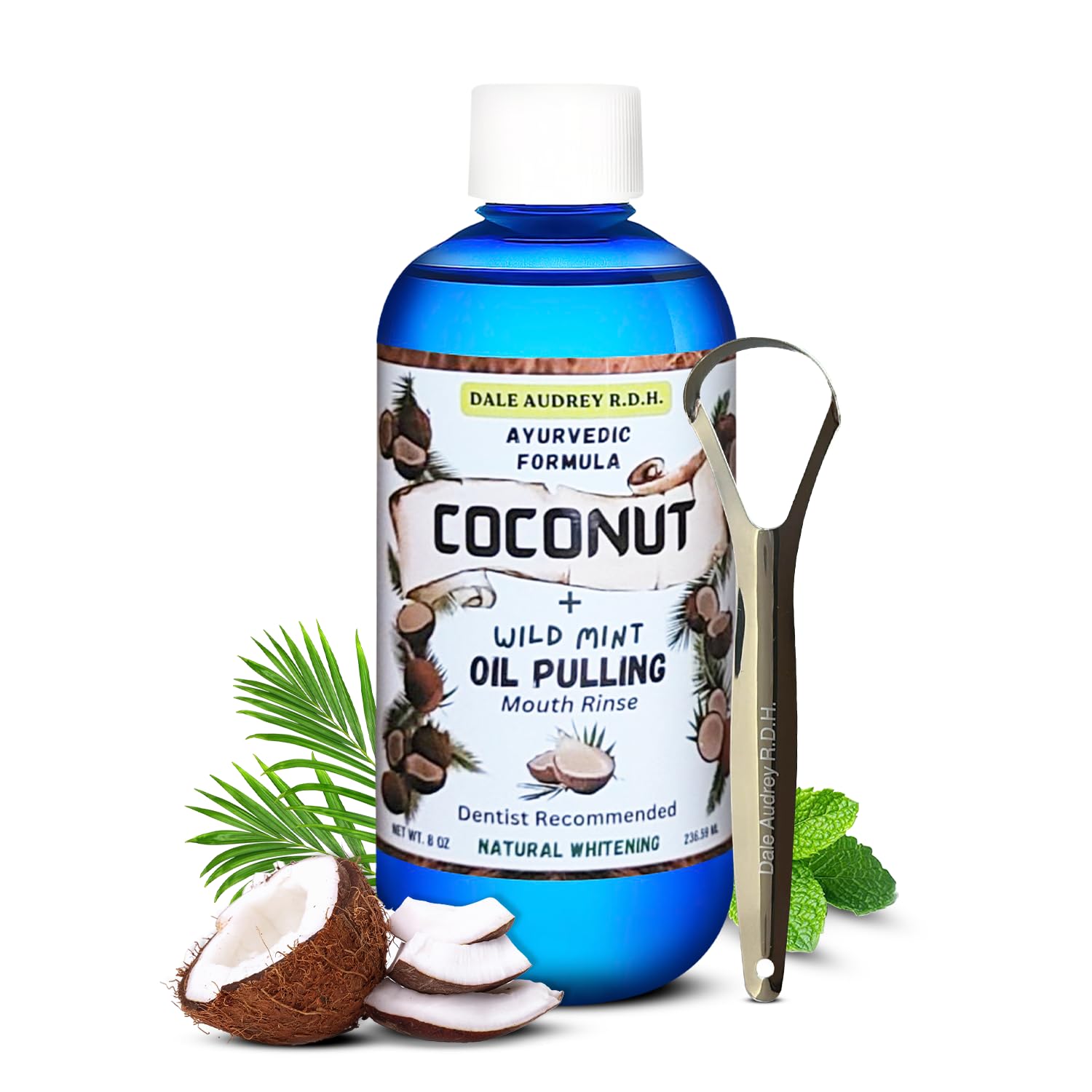 Dale Audrey Coconut Pulling Oil for Teeth and Gums with Stainless Steel Tongue Scraper | CocoMint Oil Pulling Mouthwash, Ayurvedic Alcohol-Free Teeth Whitening Mouthwash for Gums & Bad Breath- 8 FL Oz
