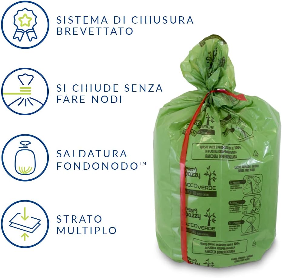 Pack of 35 garbage bags, roll & firm system, 100% recycled by post-consumption, collective 110 L, green