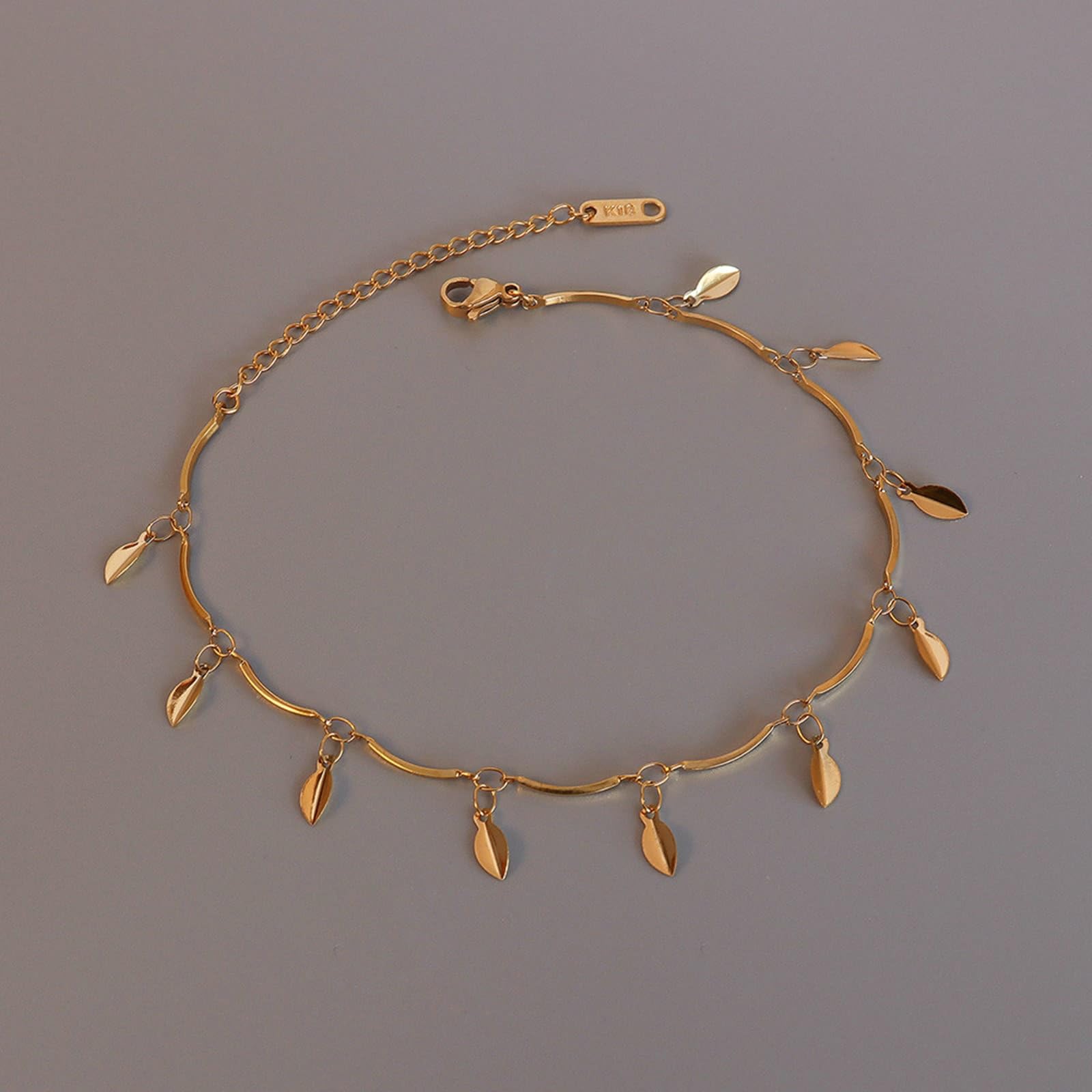 Cavigliera da donna vintage in oro giallo 14 K 585, Au585, con foglie d'oro, stella, per adolescenti, estate, spiaggia, per mamma e ragazza, lunghezza 25 cm