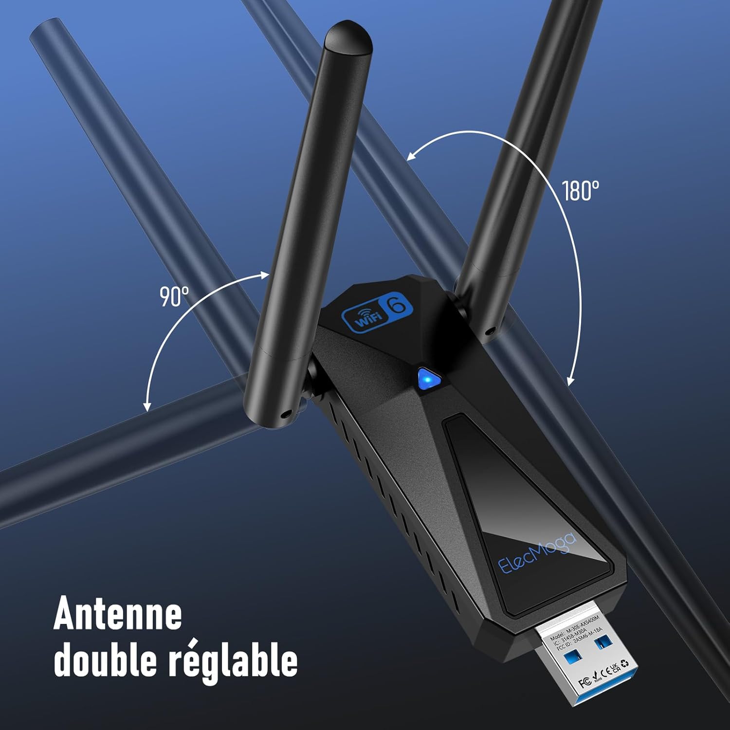 ElecMoga WiFi 6 USB Adapter with adjustable antennas showing 90 and 180 degree rotation