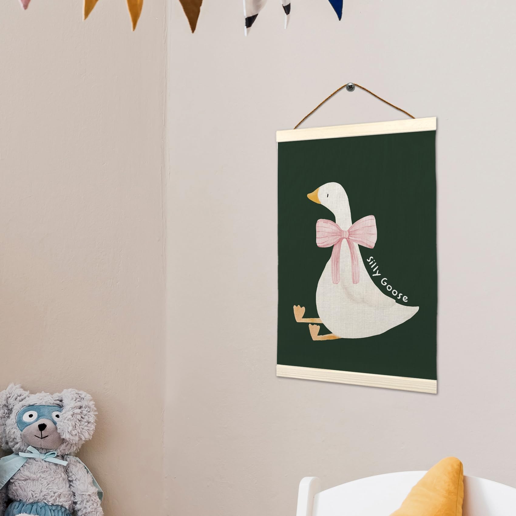 LKETW Silly Goose Wall Art - Goose Nursery Decor Poster Hanger Frame 12x16 inch, Goose Gifts, Cute Goose Wall Art for Room, Bow Goose Hanging Banner Decor for Dorm Bedroom