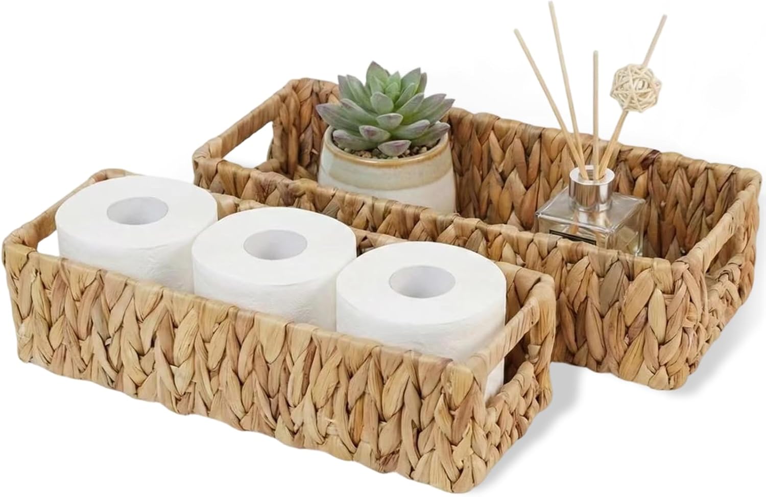 Toilet Paper Storage Basket for Bathroom, Water Hyacinth Toilet Tank Baskets Organizer, Wicker Small Basket Woven Long Narrow Baskets for Back of Toilet Both Storage&Decor, Set of 2