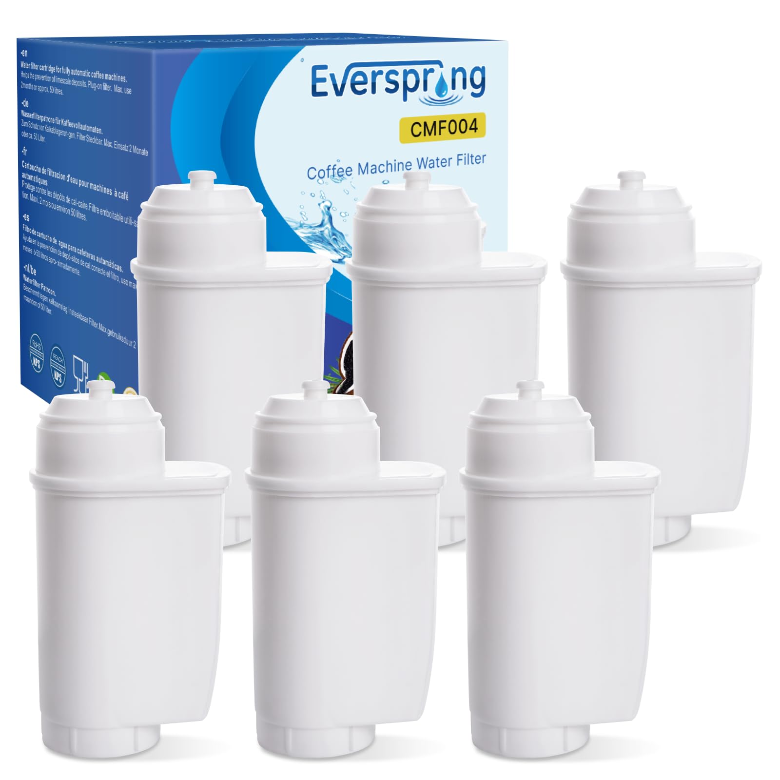 EVERSPRINGCoffee Machines Water Filter Compatible with Siemens® EQ Series Water Filters, EQ3/EQ6/EQ9, EQ500, S700, Brita® Intenza 575491, Bosch® TCZ7003, TCZ7033, NSF Certified, 6 Pieces