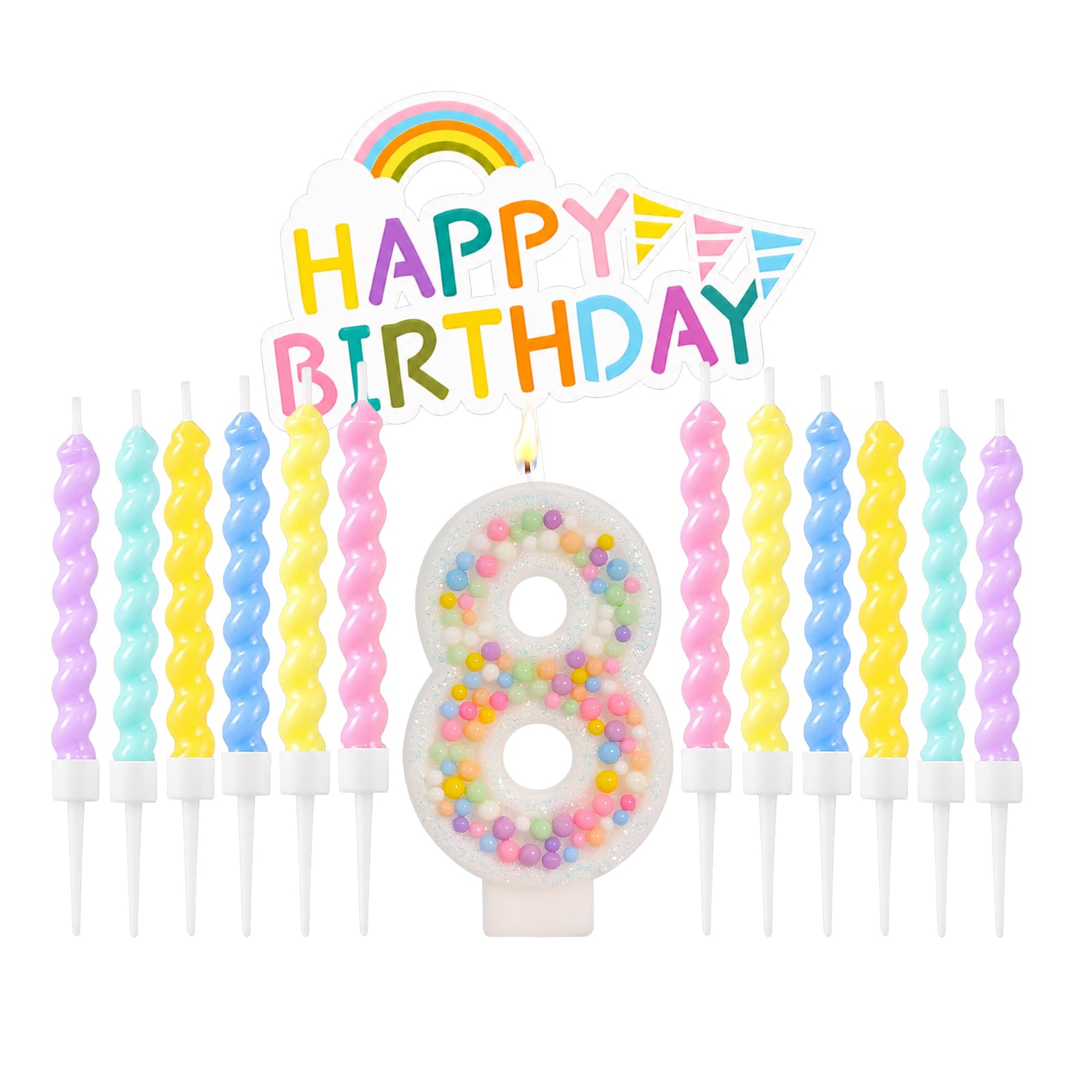 Number Birthday Candles Set with Rainbow Cake Decoration, Macaron Cake Toppers with 12pcs Pastel Spiral Candles for Boys Girls Birthday Party Supplies & Anniversary（White, 8 Candle）