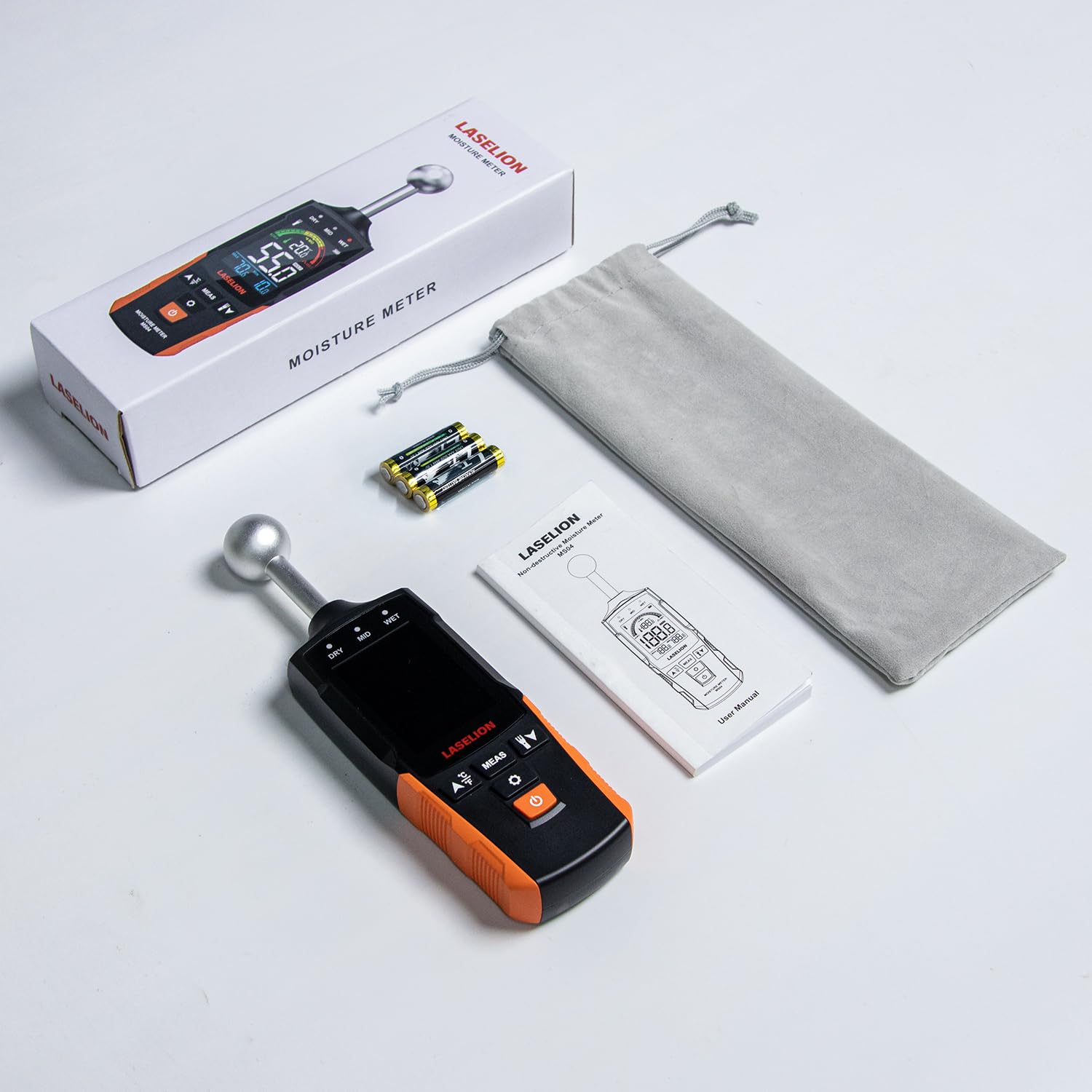 LASELION Wand Feuchtigkeitsmessgerät MS04 mit Kugelsensor für Zerstörungsfreie Bereichsscans, Ideal für Holz, Wände und Baustellenmaterialien, Anpassbare Feuchtigkeitsalarme und Temperaturanzeige