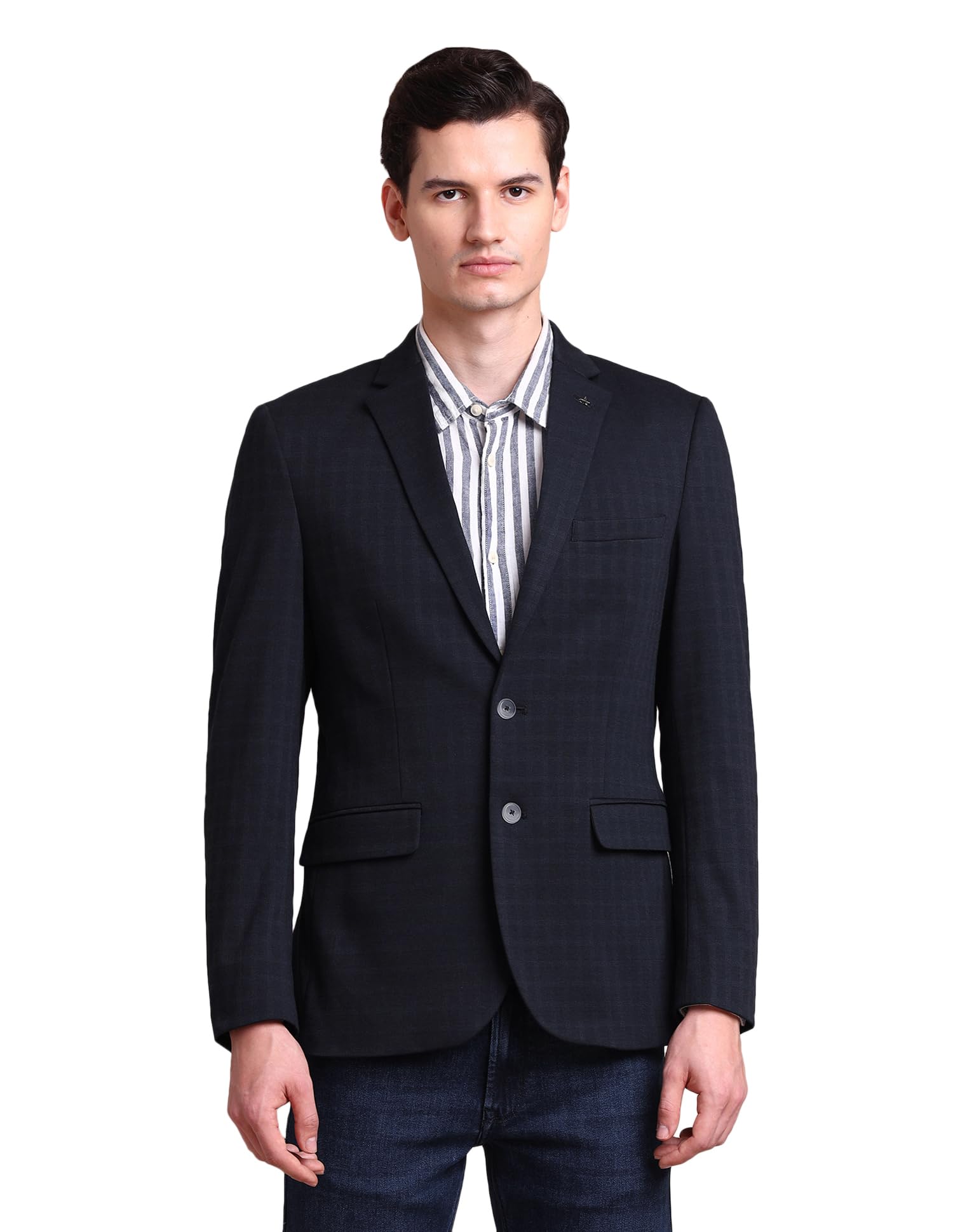 arrow Men's Checked Full Sleeves Regular Fit Notch Lapel Collar Polyester Blazer Navy-picture-28