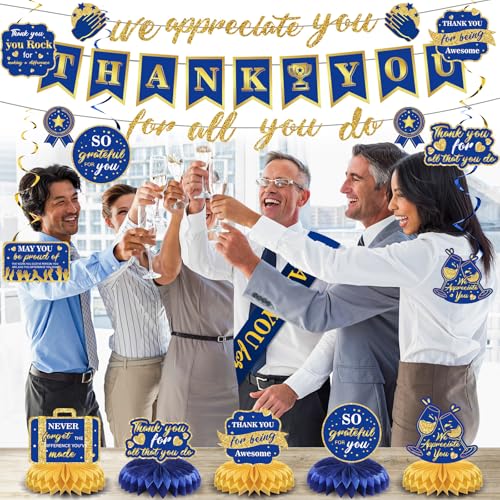 Image of We Appreciate You Decorations Blue Gold Thank You for All You Do Banner Honeycomb Centerpieces Hanging Swirls Employee Staff Appreciation Gift Pastor Teacher Doctor Retirement Appreciation Party Decor