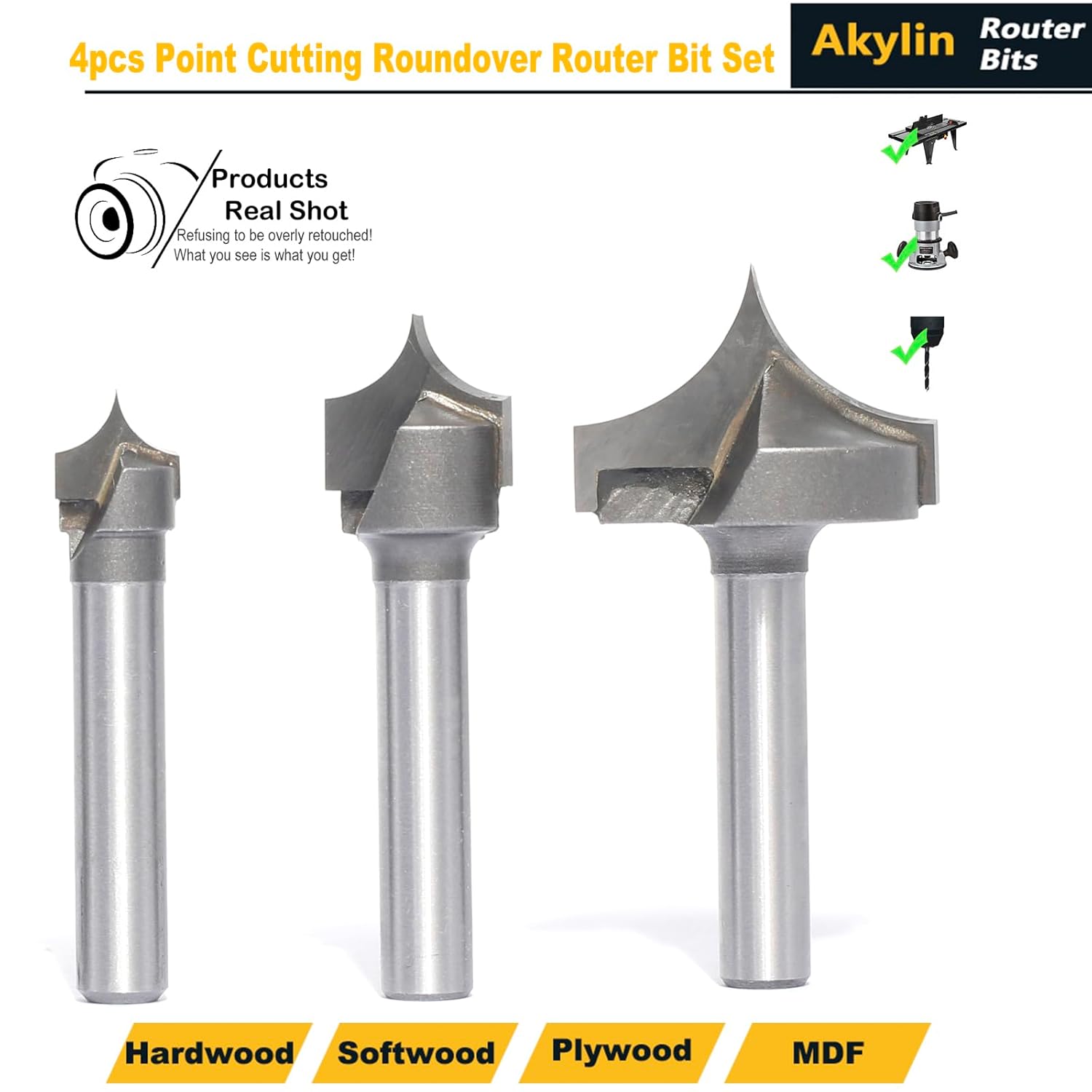 4pcs Point Cutting Roundover Router Bit Set,1/4" Shank,Cutting Dia. 3/8“,3/8",1/2" and 1",Round-Over Plunge Cutter for Wood Engraving, 2D and 3D Carving