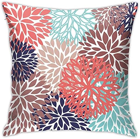 Flower Burst Petals Floral Pattern Navy Coral Mint Gray Decorative Throw Pillow Covers Square Cotton Pillowcases for Bedroom Sofa and Car 18"x18"