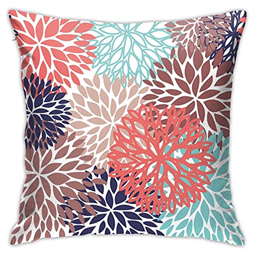 Flower Burst Petals Floral Pattern Navy Coral Mint Gray Decorative Throw Pillow Covers Square Cotton Pillowcases For Bedroom Sofa And Car 18"X18" #TOP29