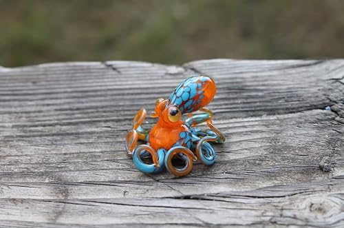 Miniatura 2 de Mini Blown Glass Octopus Figurine Handmade Orange and Blue Sea Creature Coastal Ocean Animal Decor Nautical Octopus Sculpture Small Glass