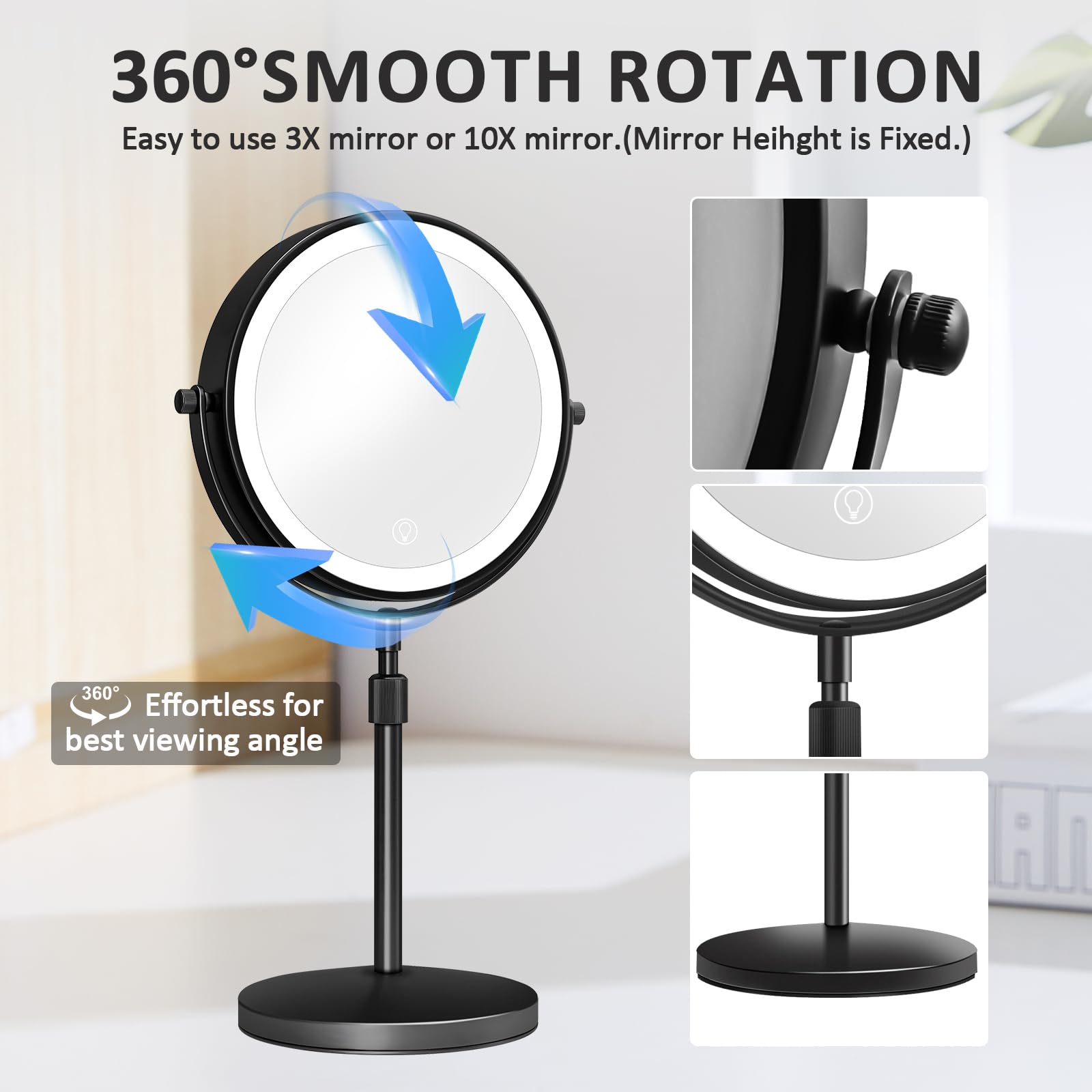 Espejo de maquillaje de aumento 10X con luz, 8 pulgadas de doble cara 3X/10X, espejo de mesa con aumento de alta definición, rotación de 360°, espejo de tocador para tocador, escritorio,