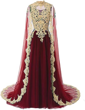 Kivary Gold Lace Vintage Long Prom Evening Dresses Wedding Gowns with Cape