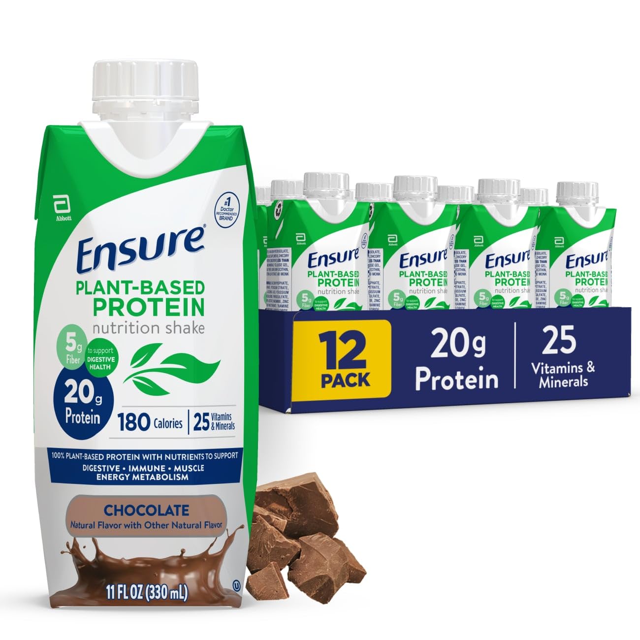Ensure Plant-Based Protein Shake Chocolate: 20g Vegan Protein, 5g Fiber, Immune Support, RTD 11oz 12-Pack